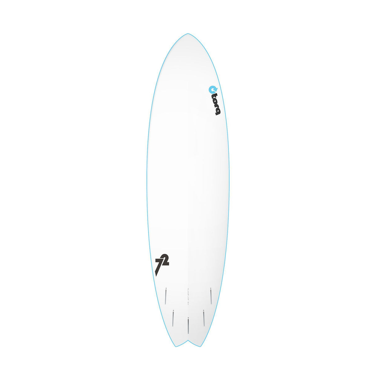 Torq Softboard Mod Fish, weiß mit blauer Kante, Draufsicht, Fischform-Surfboard aus Schaumstoff