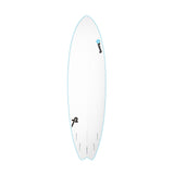 Torq Softboard Mod Fish, weiß mit blauer Kante, Draufsicht, Fischform-Surfboard aus Schaumstoff