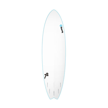 Torq Softboard Mod Fish, weiß mit blauer Kante, Draufsicht, Fischform-Surfboard aus Schaumstoff