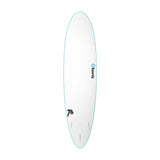 Torq Softboard Funboard weiss mit türkisfarbenem Rail, Draufsicht auf das komplette Board