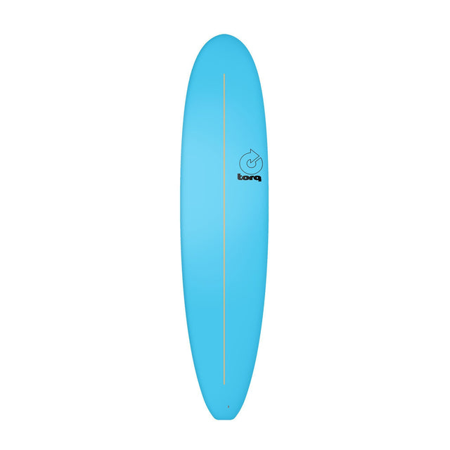 Torq Softboard Longboard in Hellblau mit Torq-Logo, Aufsicht auf das komplette Board