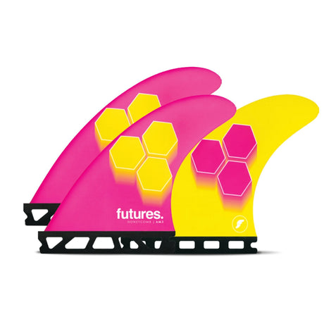 Futures AM3 Honeycomb Thruster Finnen in Pink und Gelb mit Honeycomb-Muster, Seitenansicht
