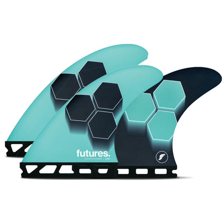 Futures AM1 Honeycomb Thruster Finnen Set in Türkis und Schwarz mit Honeycomb-Struktur, Seitenansicht
