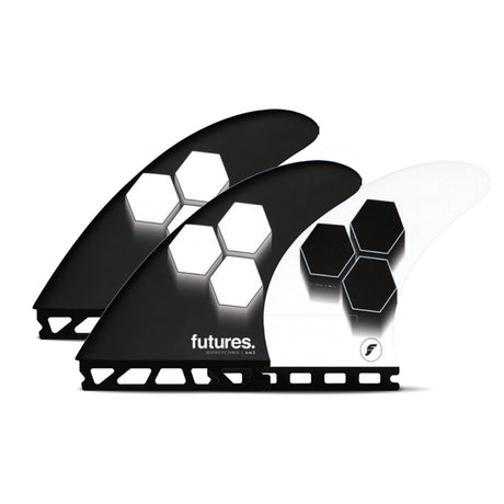 Futures AM2 Honeycomb Thruster Finnen schwarz mit weißem Honeycomb-Muster, Seitenansicht des dreiteiligen Flossensatzes
