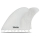 Futures Son of Cobra Fiberglass Twin Finnen in Weiß, Seitenansicht mit strukturiertem Design und Futures-Logo