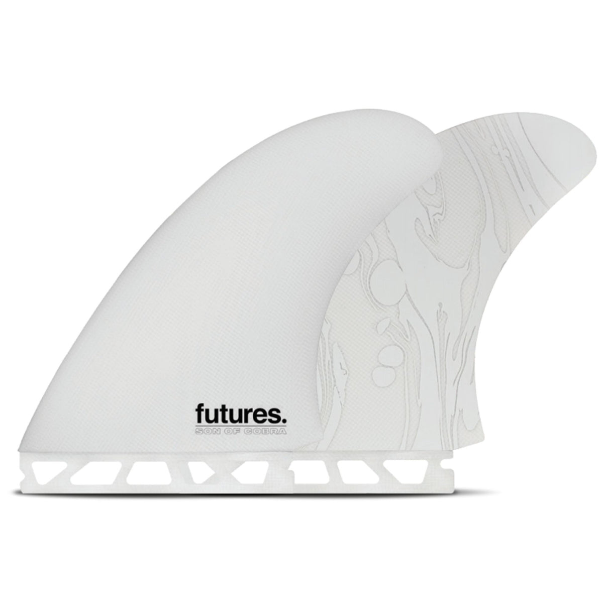 Futures Son of Cobra Fiberglass Twin Finnen in Weiß, Seitenansicht mit strukturiertem Design und Futures-Logo