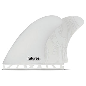 Futures Son of Cobra Fiberglass Twin Finnen in Weiß, Seitenansicht mit strukturiertem Design und Futures-Logo
