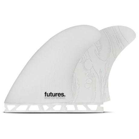 Futures Son of Cobra Fiberglass Twin Finnen in Weiß, Seitenansicht mit strukturiertem Design und Futures-Logo