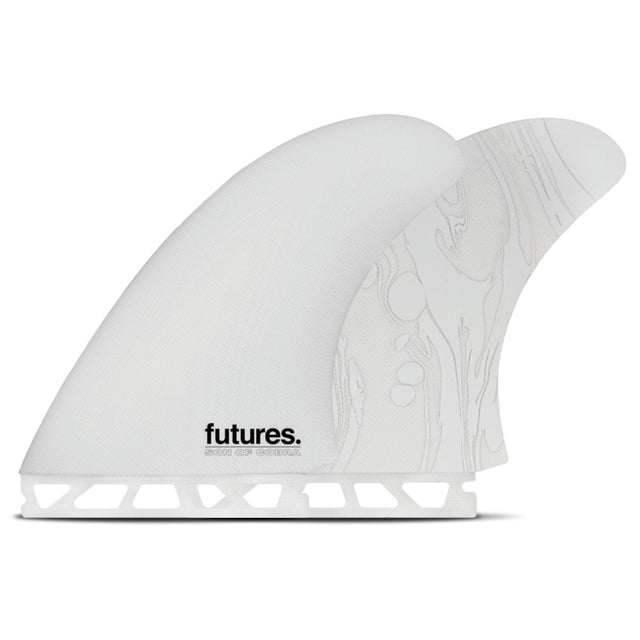 Futures Son of Cobra Fiberglass Twin Finnen in Weiß, Seitenansicht mit strukturiertem Design und Futures-Logo