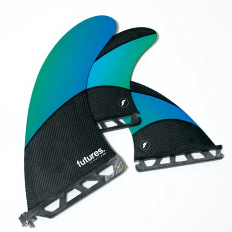 Futures Techflex Longboard 2+1 Finnen Set mit Blau- und Türkistönen sowie schwarzen Techflex-Flossen, Frontalansicht