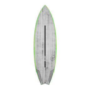 Torq ACT Prepreg Go-Kart Surfboard, grau mit grüner Kante, Draufsicht, kompakte Fischform mit schwarzem Mittelstreifen
