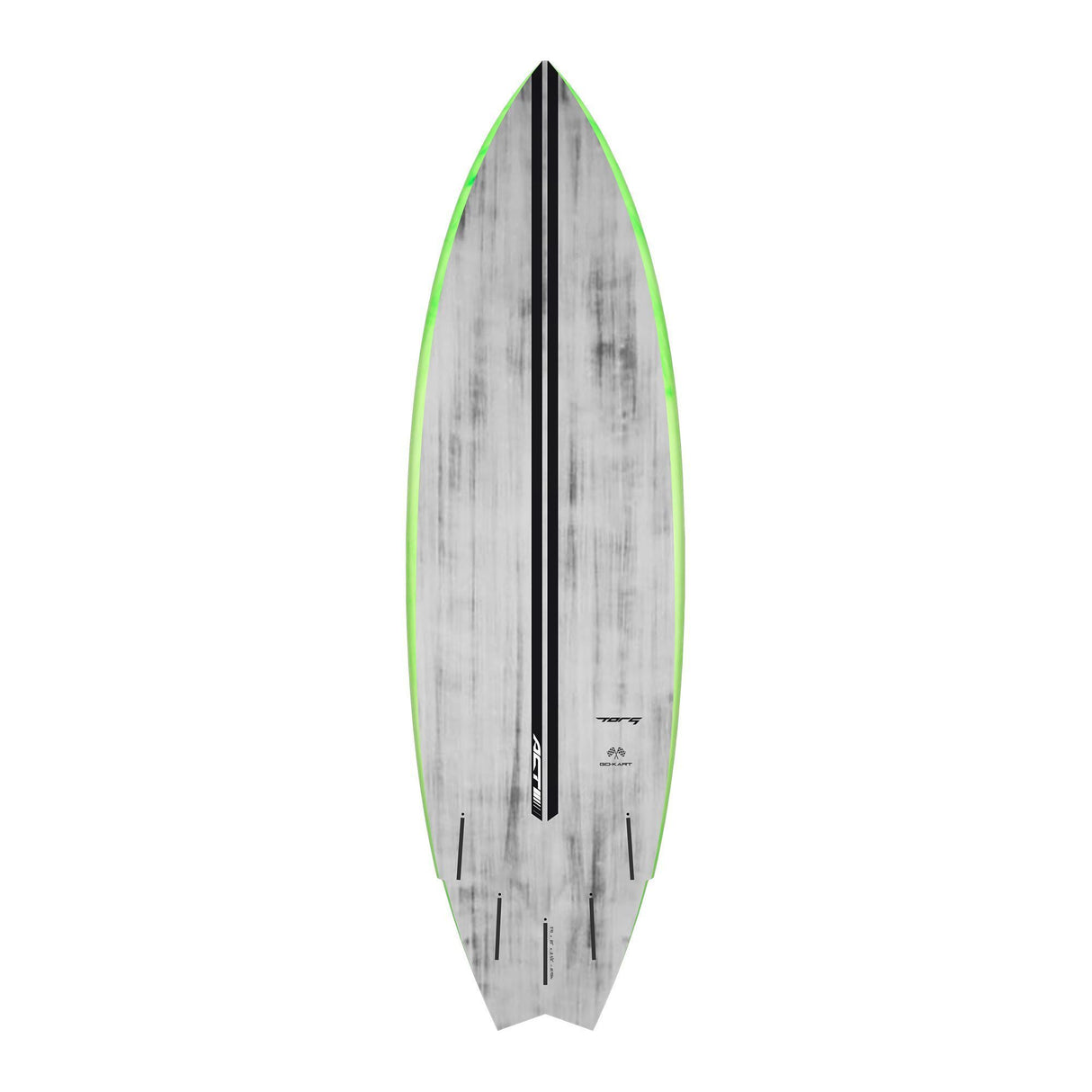 Torq ACT Prepreg Go-Kart Surfboard mit grüner Kante, grauer Oberseite und schwarzem Mittelstreifen, Draufsicht