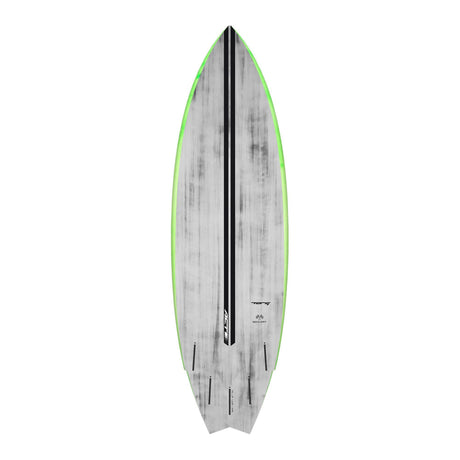 Torq ACT Prepreg Go-Kart Surfboard mit grüner Kante, grauer Oberseite und schwarzem Mittelstreifen, Draufsicht