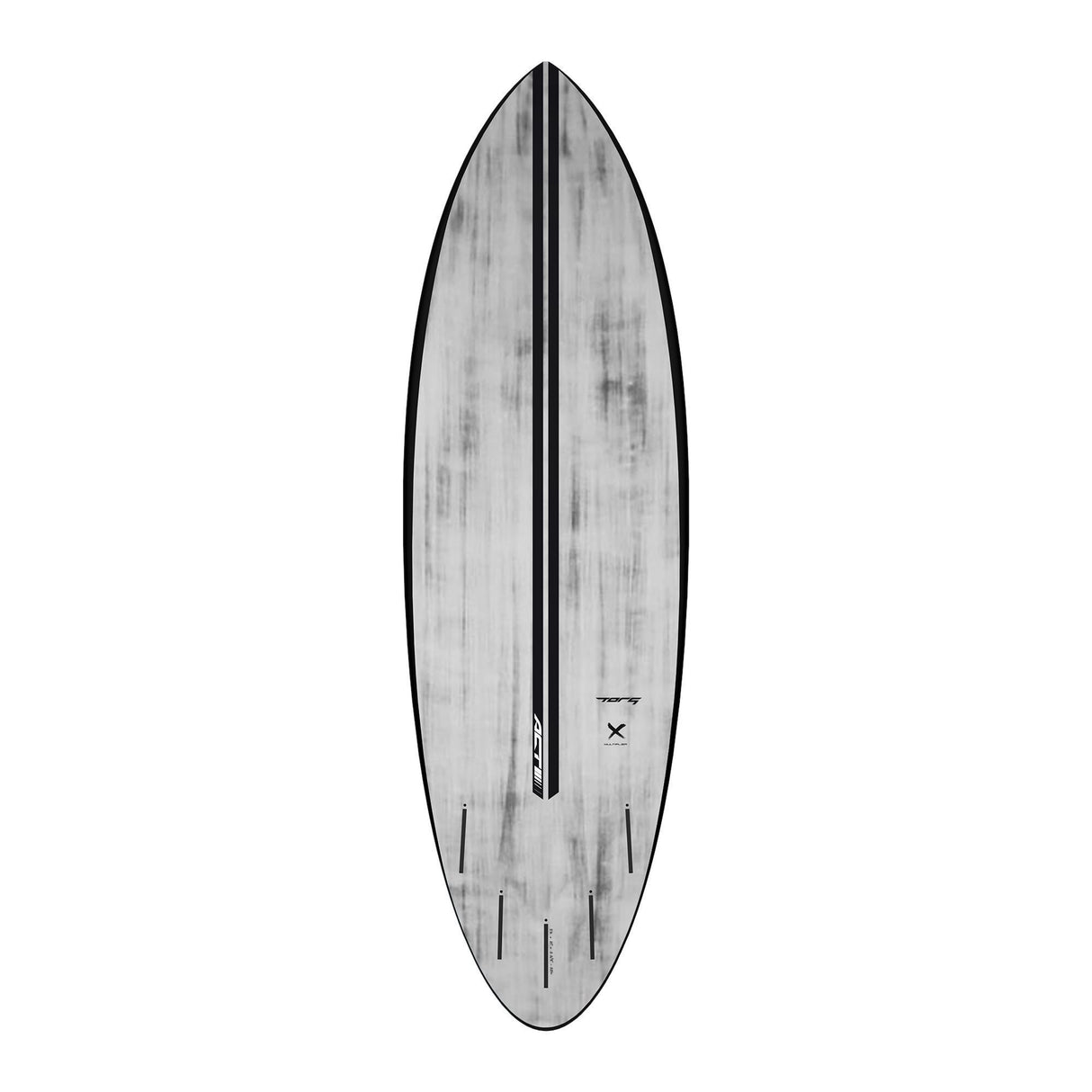 Torq ACT Prepreg Multiplier Surfboard, Grauholz-Optik mit schwarzem Rail, Draufsicht auf ovale Form