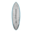Torq ACT Prepreg Multiplier Surfboard mit blauer Kante, grauer Oberseite und schwarzem Mittelstreifen, Draufsicht