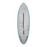Torq ACT Prepreg Multiplier Surfboard mit blauer Kante, grauer Oberseite und schwarzem Mittelstreifen, Draufsicht