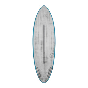 Torq ACT Prepreg Multiplier Surfboard mit blauer Kante, grauer Oberseite und schwarzem Mittelstreifen, Draufsicht