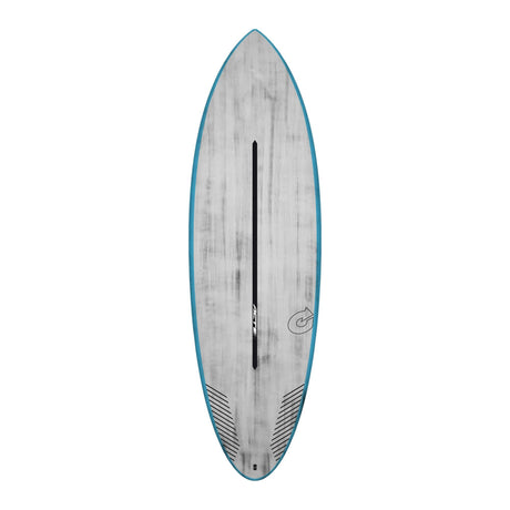 Torq ACT Prepreg Multiplier Surfboard, grau mit blauer Kante, Draufsicht auf das Deck mit schwarzem Mittelstreifen