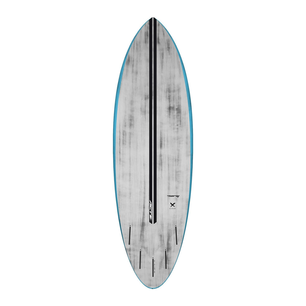 Torq ACT Prepreg Multiplier Surfboard, grau-weiße Oberseite mit blauer Kante, Draufsicht