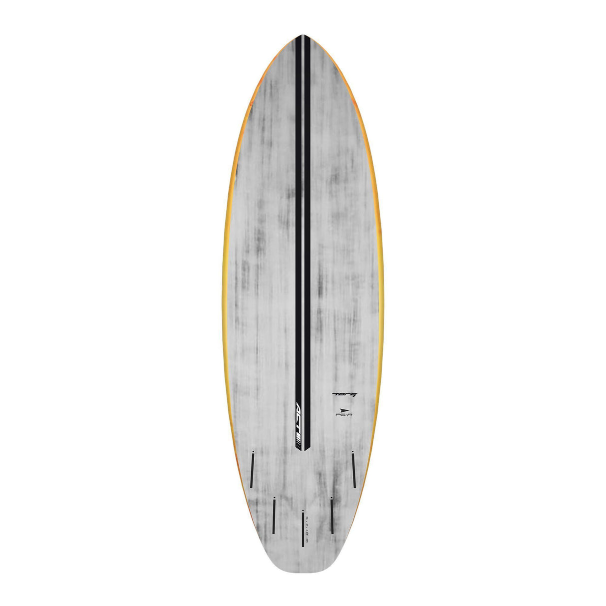 Torq ACT Prepreg PG-R Surfboard mit grauer Oberseite, goldfarbener Kante und schwarzem Mittelstreifen, Draufsicht