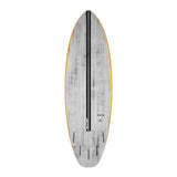 Torq ACT Prepreg PG-R Surfboard mit grauer Oberseite, goldfarbener Kante und schwarzem Mittelstreifen, Draufsicht