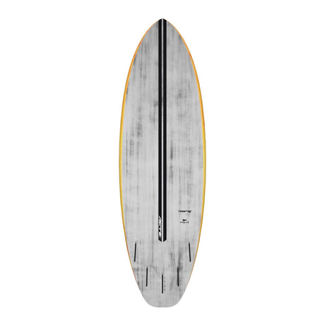 Torq ACT Prepreg PG-R Surfboard mit grauer Oberseite, goldfarbener Kante und schwarzem Mittelstreifen, Draufsicht