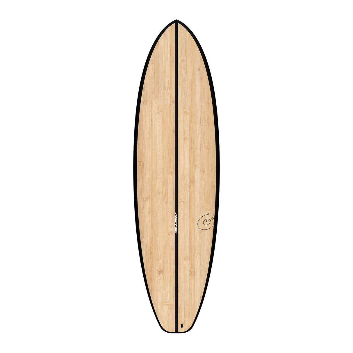 Torq ACT Prepreg BigBoy23 Surfboard mit hellem Holzfinish und schwarzem Rail, Draufsicht