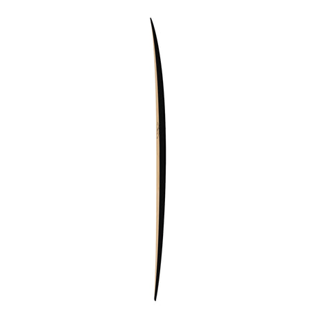 Torq ACT Prepreg Chopper Surfboard in Schwarz und Creme, Seitenansicht des schlanken Boards mit Prepreg-Material