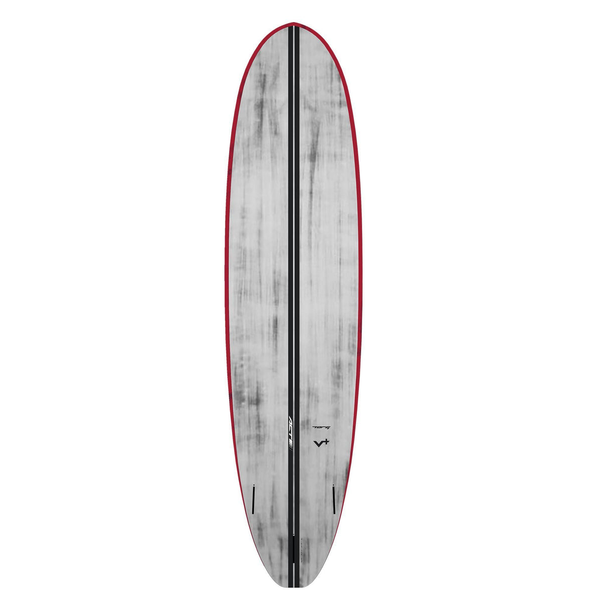 Torq ACT Prepreg V+ Surfboard mit roter Kante, grauer Oberseite und schwarzem Mittelstreifen, Draufsicht