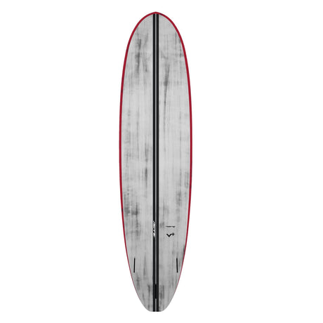 Torq ACT Prepreg V+ Surfboard mit roter Kante, grauer Oberseite und schwarzem Mittelstreifen, Draufsicht