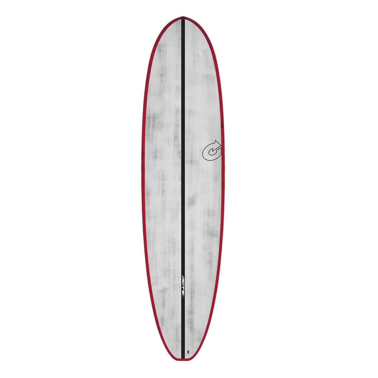 Torq ACT Prepreg V+ Surfboard mit roter Kante, grauer Oberseite und schwarzem Mittelstreifen, Draufsicht