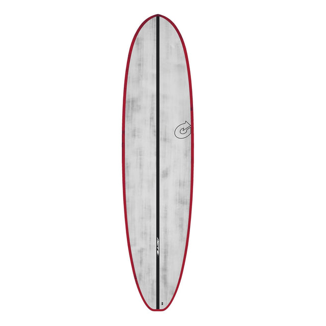 Torq ACT Prepreg V+ Surfboard mit roter Kante, grauer Oberseite und schwarzem Mittelstreifen, Draufsicht