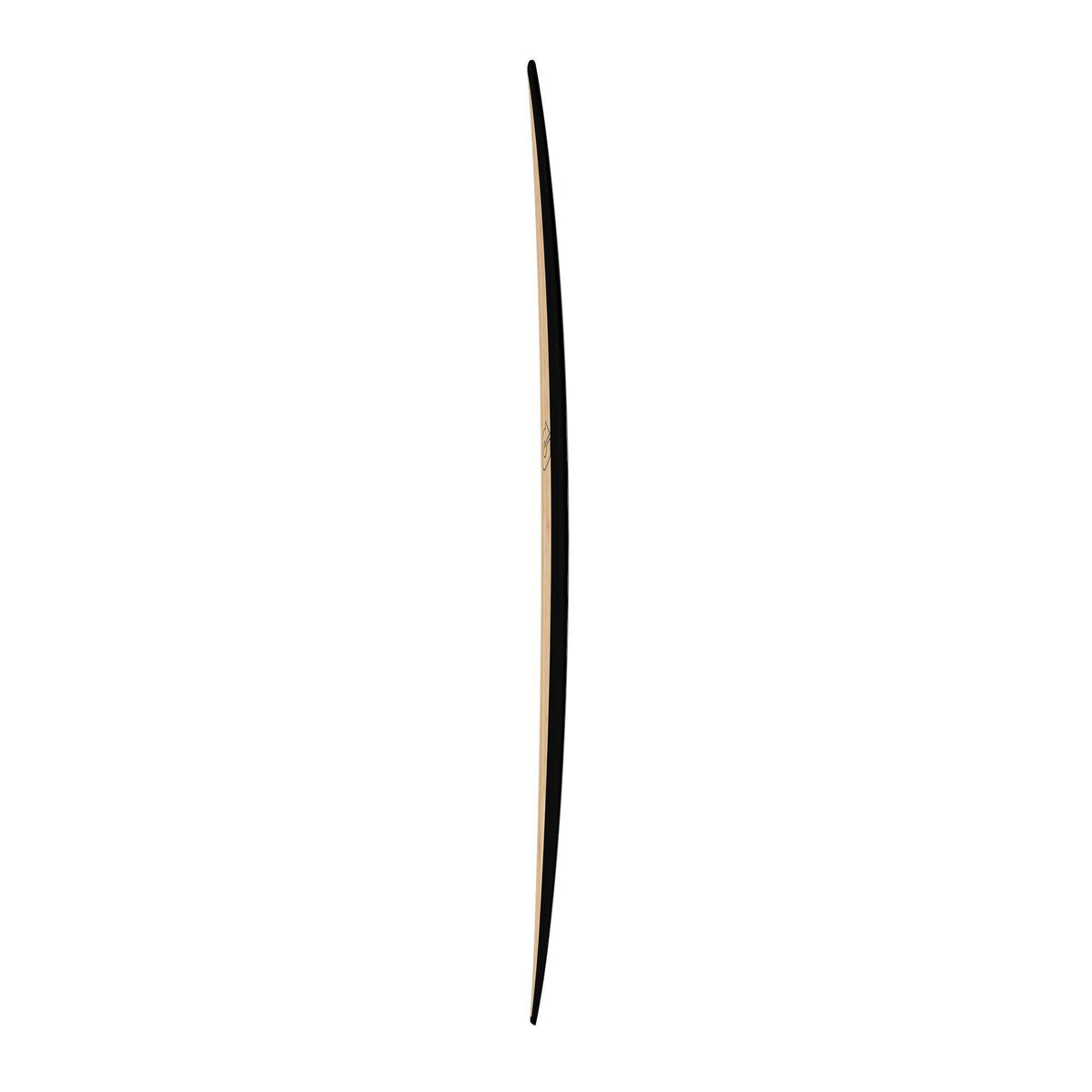 Torq ACT Prepreg The Don Noserider Surfboard, schwarzes Prepreg-Surfboard mit goldenem Streifen, Seitenansicht