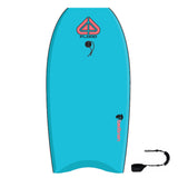Flood Usurper Bodyboard in Türkis mit Logo, Draufsicht, inklusive Leash