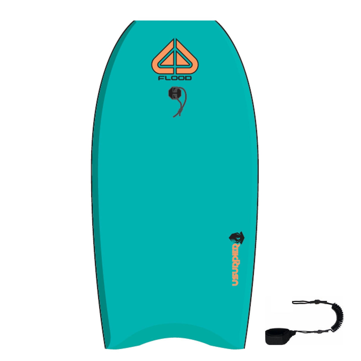 Flood Usurper Bodyboard türkis mit orangem Logo und Leash, Draufsicht