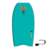 Flood Usurper Bodyboard türkis mit orangem Logo und Leash, Draufsicht