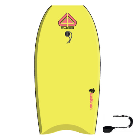 Flood Usurper Bodyboard in Gelb und Aqua mit Leash, Frontansicht