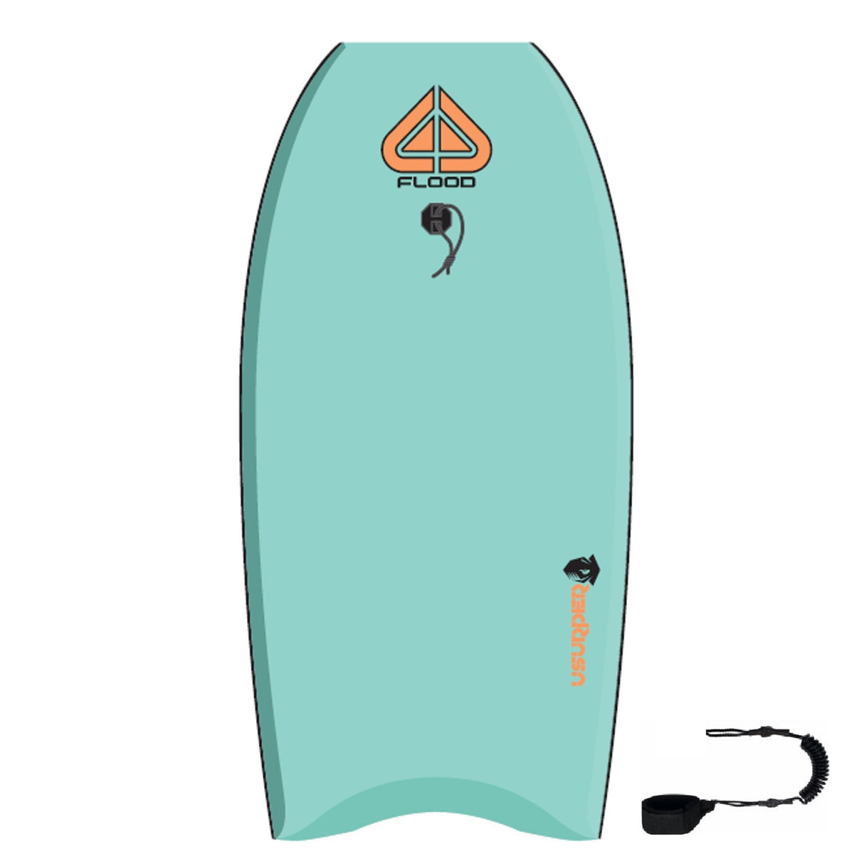 Flood Usurper Bodyboard in Türkis mit Logo, Griffmulden und Leash, Draufsicht