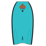 Flood Usurper Bodyboard in Blauaquamarin mit schwarzen Kanten, orangenem Logo auf der Oberseite, Draufsicht