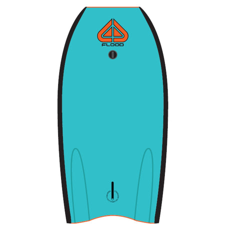 Flood Usurper Bodyboard in Blauaquamarin mit schwarzen Kanten, orangenem Logo auf der Oberseite, Draufsicht
