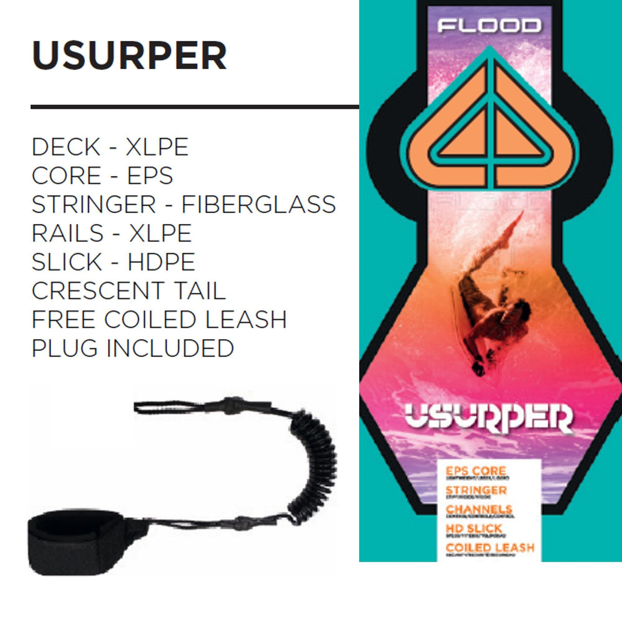 Flood Usurper Bodyboard Rot-Orange mit Mondsichelschwanz, EPS-Kern und Fiberglass-Verstärker, inkl. Leash