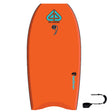 Flood Usurper Bodyboard orange mit Pik-Logo, Frontalansicht mit Leash