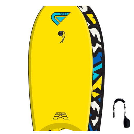 Flood Dynamx Stringer Bodyboard gelb mit blauem Logo, Draufsicht, inklusive Leash