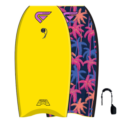 Flood Dynamx Stringer Bodyboard gelb mit farbigem Palmenmuster, Draufsicht, inklusive Leash
