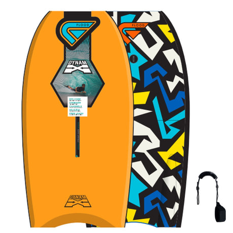 Flood Dynamx Stringer Bodyboard orange mit geometrischem Muster, Draufsicht auf Ober- und Unterseite mit Tragegriff