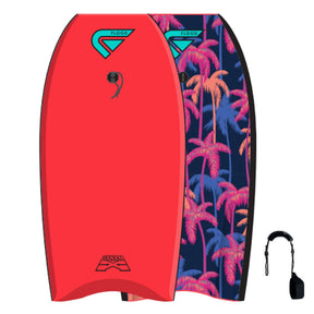 Flood Bodyboard Dynamx Stringer Palm II rot und pink mit Palmenmuster, Draufsicht und Rückseite mit Handschlaufe