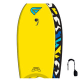 Flood Dynamx Stringer Bodyboard gelb mit blauem Logo, Draufsicht, inklusive Leash