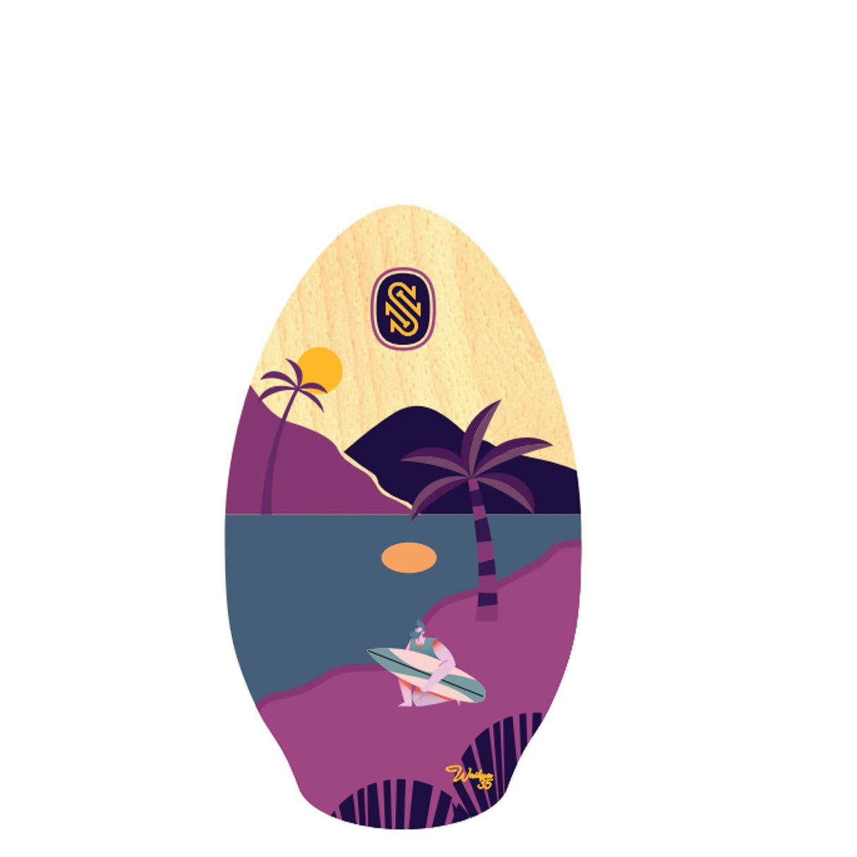 SkimOne Skimboard aus Holz, Tropfenform, cremefarbenes Deck mit tropischem Inseldesign in Violett und Blau, Draufsicht