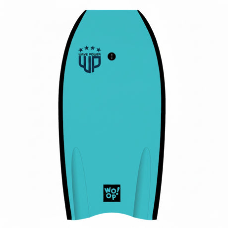 Wave Power Bodyboard Woop türkis mit schwarzen Kanten, Draufsicht, Schaumstoff-Surfboard für Anfänger