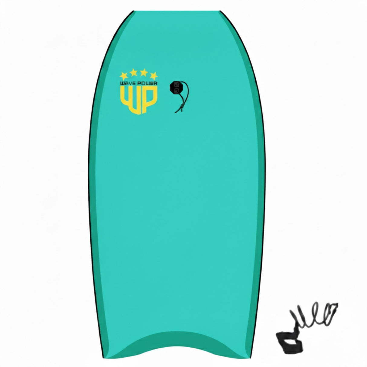 Wave Power Bodyboard Woop in Türkis mit gelbem Logo und schwarzen Konturen, Draufsicht